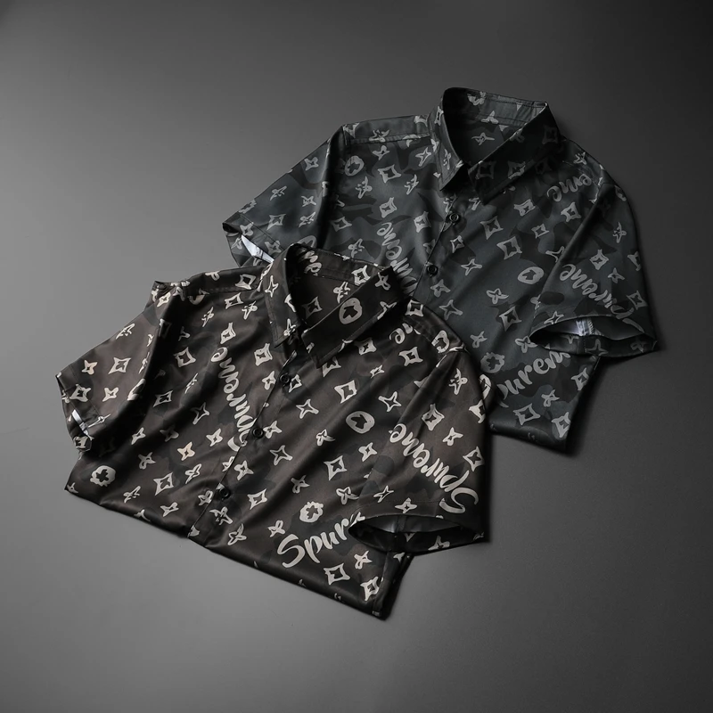 

High Quality Men's Shirts Classic England Style Letters Pattern Business Short Sleeve Male Summer Clothing#2244