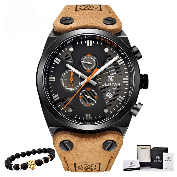 black orange Benyar часы мужские роскошные Топ бренд мужские s водонепроницаемые часы мужские спортивные наручные часы Мужские часы с кожаным ремешком Relogio Masculino - Цвет: black orange