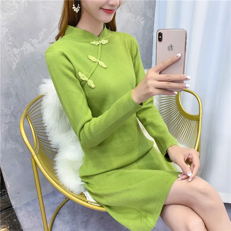 

2021 New Arrival Loose Vintage Chinese Style Standing Collar Sleeve Slim Bottoming Sweater Knitted Dress In Autumn And Winter