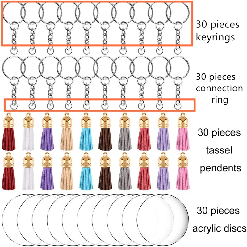 

30Set Acrylic Clear Circle Discs Keychain Set Round Acrylic Keychain Blanks Colorful Tassel Pendants for DIY