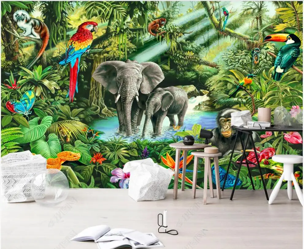 

custom mural Photo wallpaper Monkey Elephant Toucan Rainforest Animal Children's Room home decor 3d wallpaper for walls in rolls