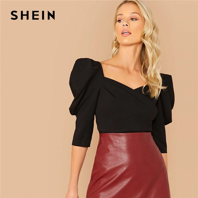 SHEIN/черная однотонная блузка с пышными рукавами и милым вырезом, Топ для женщин, весенне-осенние элегантные офисные платья, топы и блузки