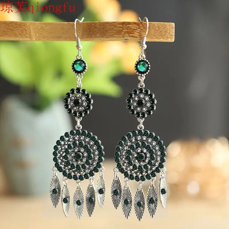 

New 2021 Retro Chinese style earrings female jewelry full diamond bohemian exaggerated earrings long earrings Irregular Vintage