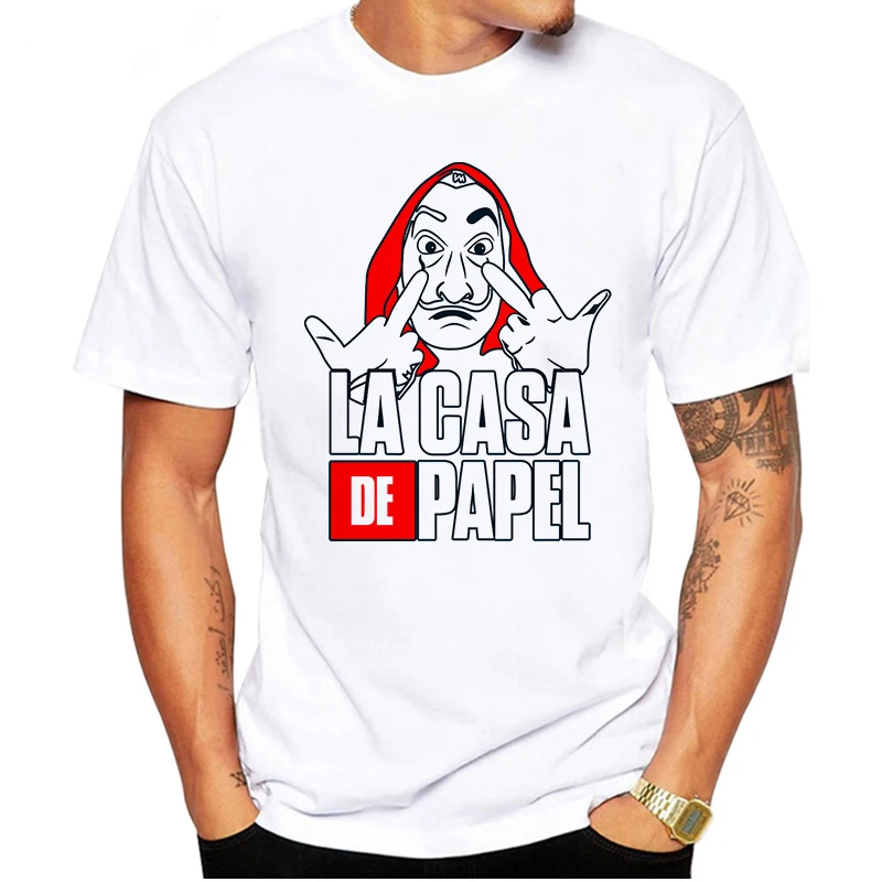 LUSLOS Забавный дизайн La Casa De Papel футболка деньги Heist футболки ТВ футболки "сериалы" Для мужчин короткий рукав дом Бумага футболка большого размера - Цвет: 19bk390
