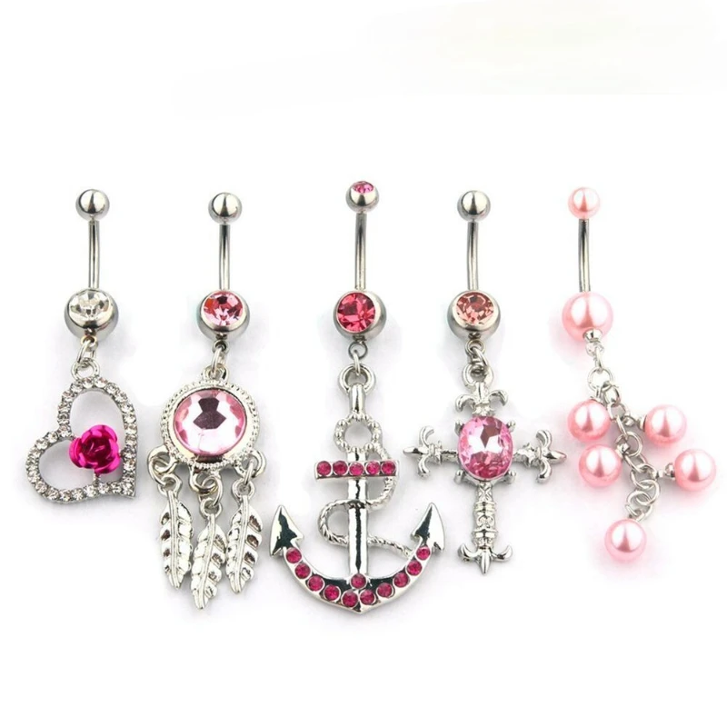 

Five-piece Set Boat Anchor Heart-shaped Cross Beads Feather Belly Ring Human Body Piercing Accessories Fashion Jewelry