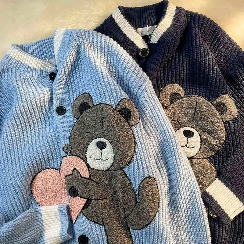 

Cute Bear Embroidery y2k Cardigan Women 2021 Autumn Winter Oversize Sweater V Neck Long Sleeve Tops Kawaii Knitted Sweater Coat