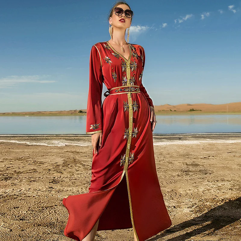 Модное женское платье Дубай, яркое платье ручной работы со стразами, Рамадан, свободный кафтан, Марокканское мусульманское благородное веч...