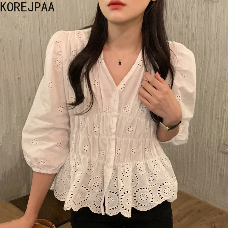 

Korejpaa Women Shirts 2021 Summer Korean Chic Sweet V-Neck Single-Breasted Crochet Design Pleated Waist Puff Sleeve Blouses