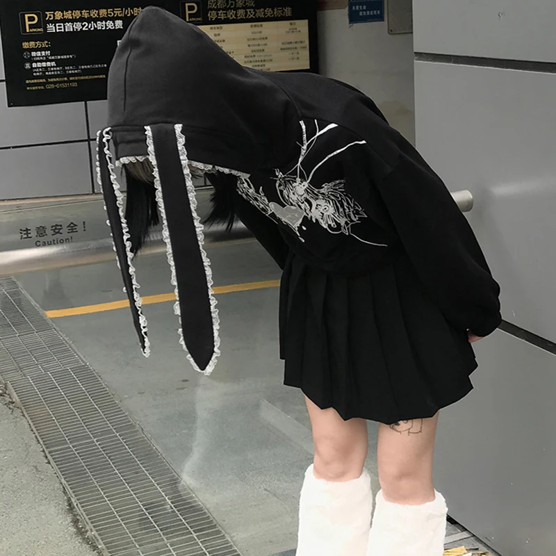 Y2k Harajuku Sweatshirts Gothic Grunge Mechanical Rabbit Ears Hooded Black Hoodie Women Autumn Punk Hoodies Fashion Streetwear | Женская