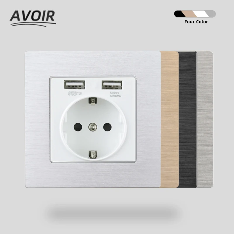 

Avoir Wall Socket With Dual USB Port 2.1A Electrical Outlets Aluminum Brushed Panel Power Socket EU Standard Plug 16A 86mmx 86mm