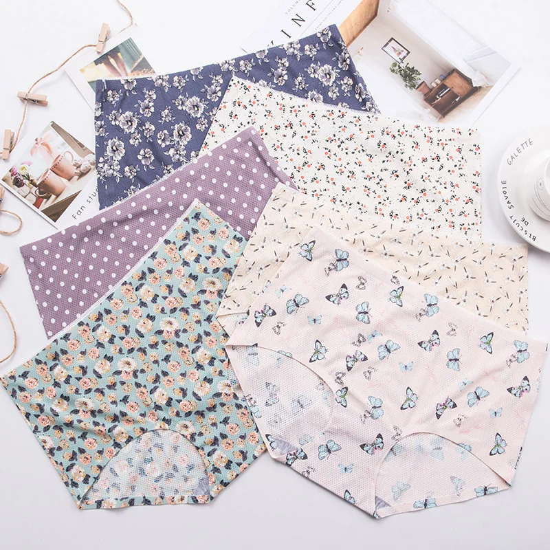 

One-piece Cartoon Women Underwear Floral Printing Panties Ice Silk Breathable Triangle Briefs Plus Size Cute Girls Underpants