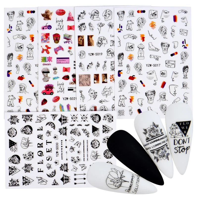 

3D Nail Sticker Abstract Lady Face Nail Decals Black Leaf Sliders Paper Nail Art Stickers Snowflake DIY Nail Art Decoration