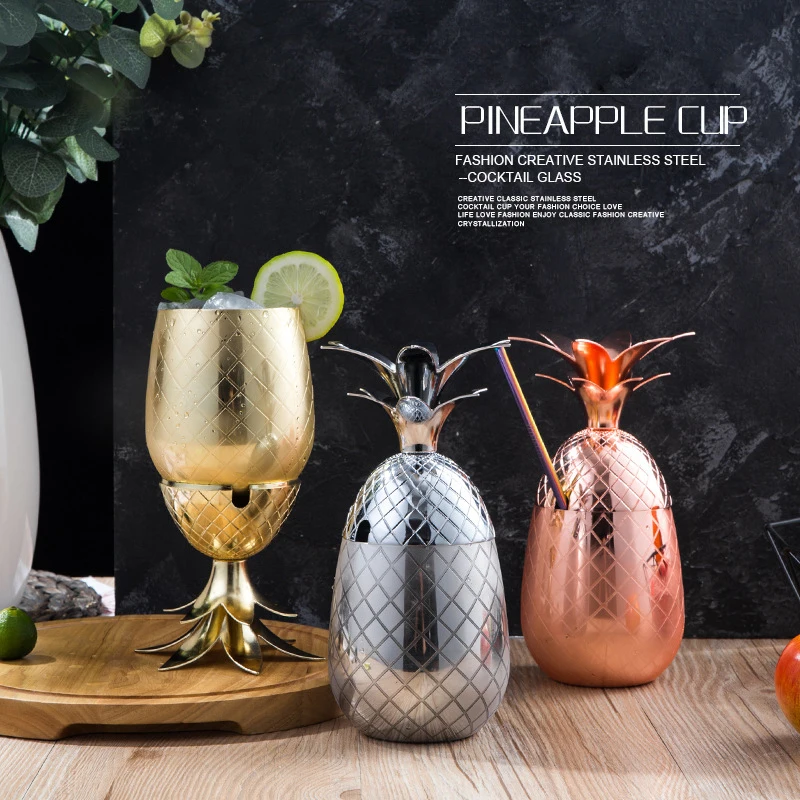 

500ml/17oz Pineapple Cocktail Cup Metal Cup Pineapple Tumbler Moscow Mule Bottle With Straw Gold Silver Brass Stainless Steel