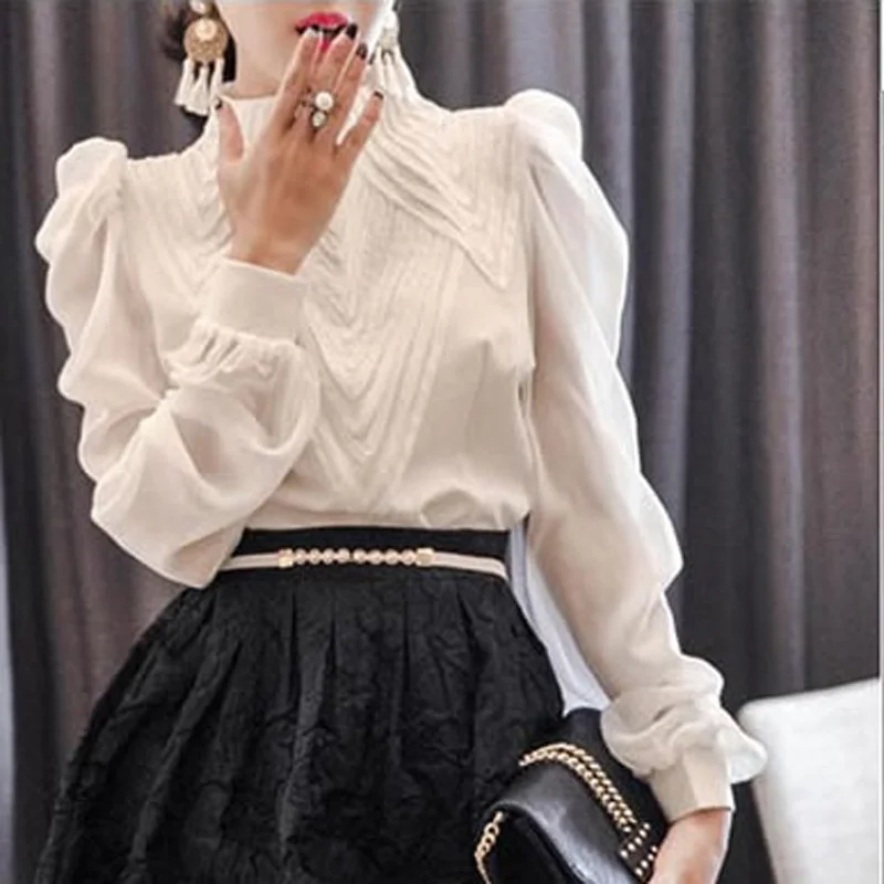 

New 2020 spring autumn Women puff Sleeve Stand Collar Chiffon Blouses office Ladies tops shirt plus size 2XL!