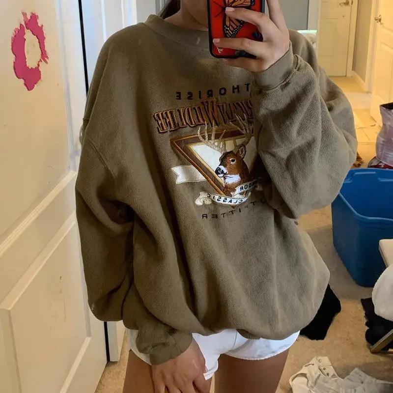 

HOUZHOU Vintage Oversized Women's Hoodie Autumn Winter Harajuku Brown Grunge O-neck Pullovers Korean Cartoon Print Sweatshirt