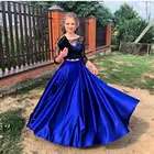 Платье для выпускного вечера, из двух предметов, с синей кружевной верхней юбкой, атласное платье до пола с коротким рукавом, очаровательные вечерние платья для девочек, 2021