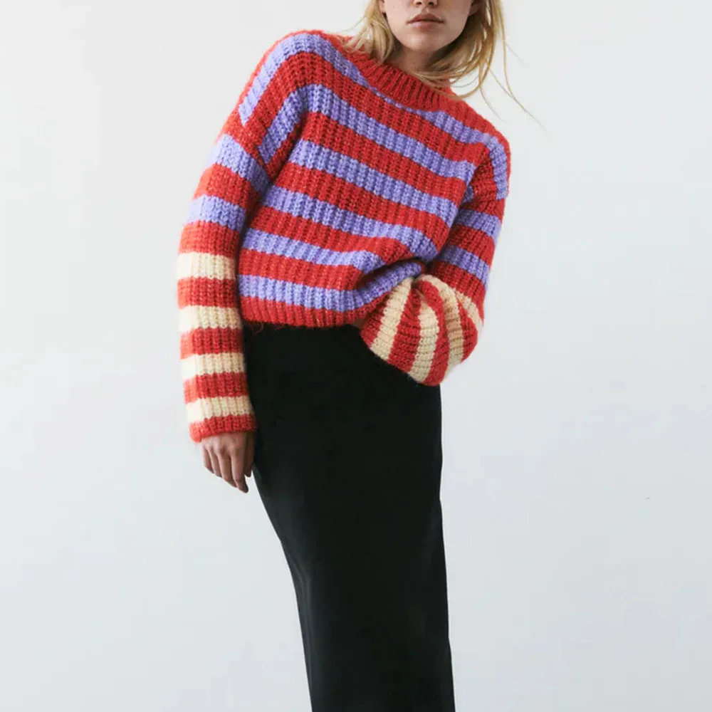 

Женский вязаный свитер в полоску Za, винтажный пуловер с круглым вырезом и длинным рукавом, шикарные топы, осень 2021