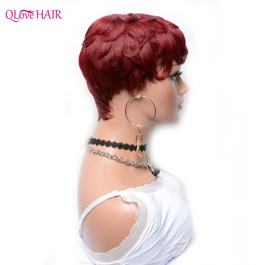 Romance Weave Bob Human Hair Wigs Brazilian Virgin Short Pixie Cut Wig For Women Full Machine None Lace With Bang | Шиньоны и парики