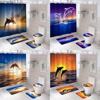 Sunny Beach Scenic Shower Curtain 3D Ocean Dolphin Bathroom Curtains Non-Slip Rug Toilet Lid Cover Carpet Bath Mat Home Decor