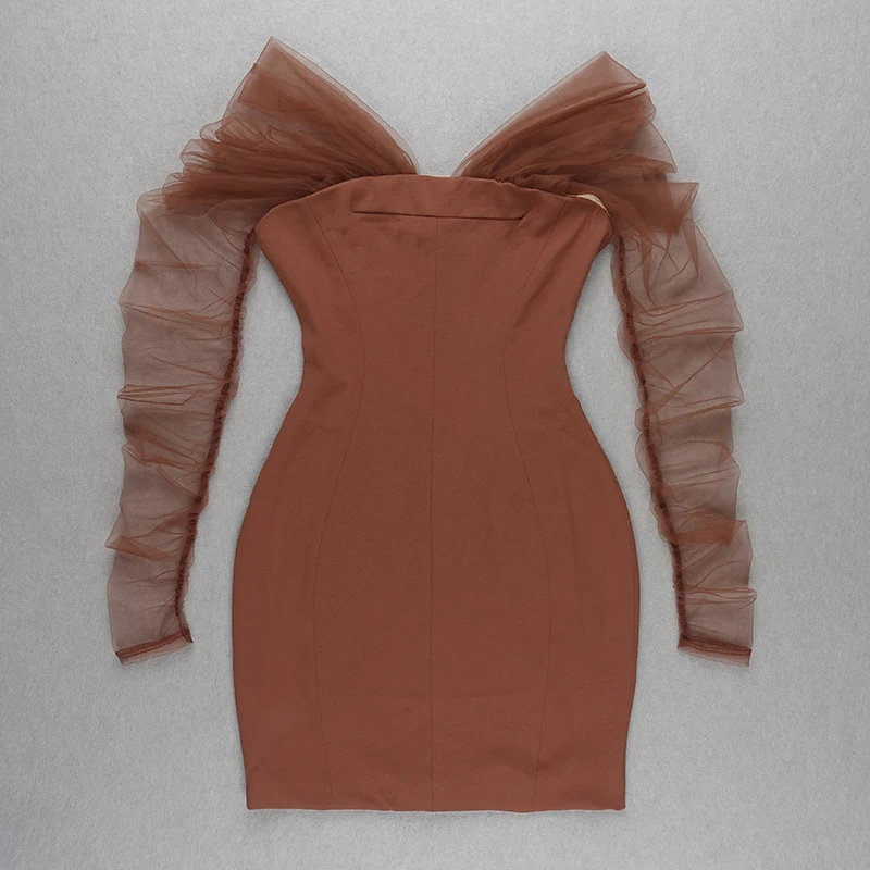 

Sale Women Sexy Designer Mesh Ruched Bandage Dress Winter 2020 Ladies Brown Elegant Off the Shoulder Bodycon Party Dress Vestido