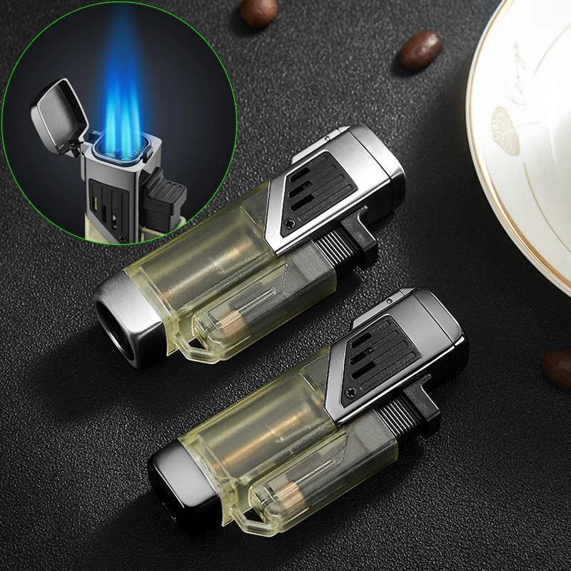 

Portable Torch Lighter Metal Four Jet Flame Cigar Butane Lighter Visible Transom Small Spray Gun Windproof Gas Lighter Men Gift