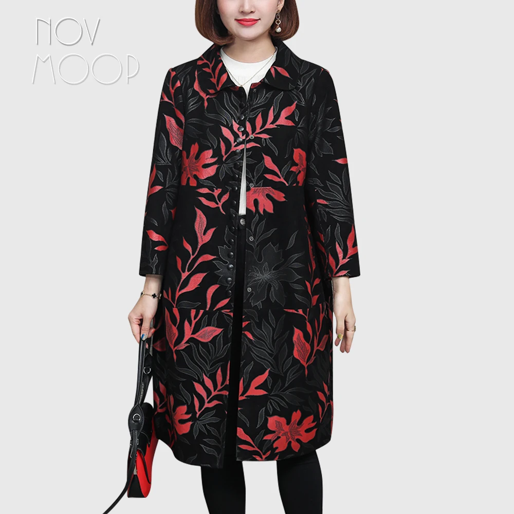 Женское офисное пальто Novmoop из настоящей кожи ягненка красного цвета зимняя