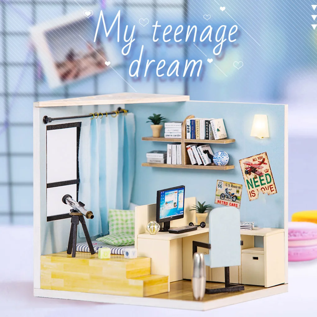

3D Wooden DIY Handmade LED Light Dollhouse Miniatura Doll House Assemble Kits Birthday Gift Toys