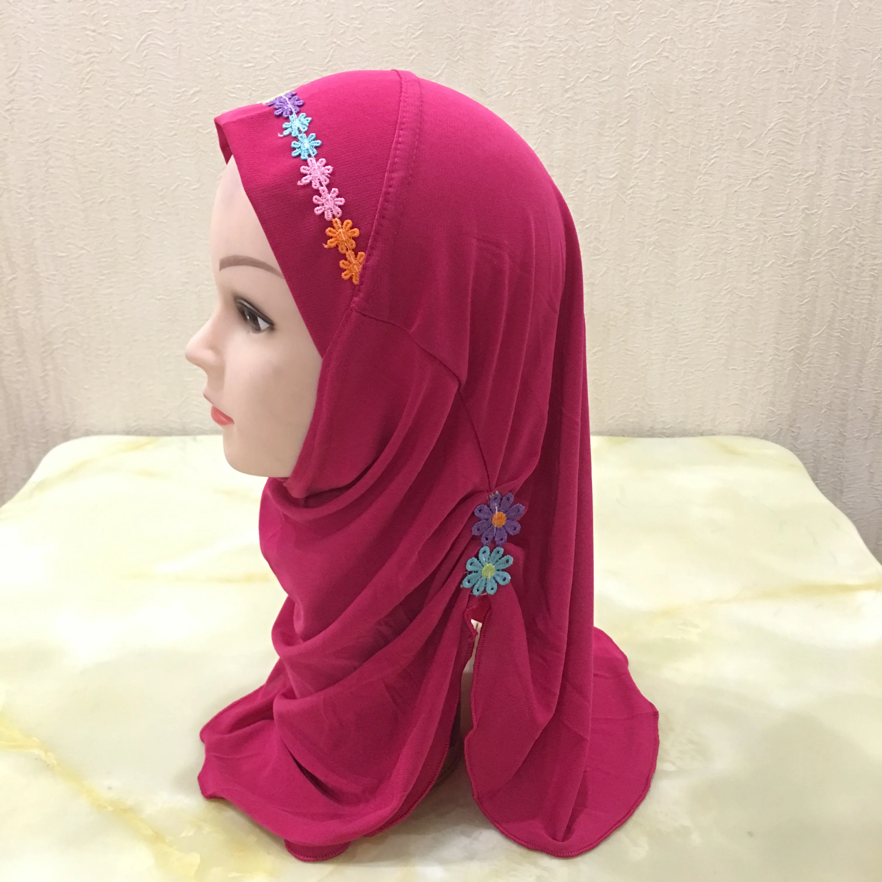 Muslim Girls Hijab Scarf Handmade Flower Applique Islamic Kids Turban Plain Headwrap Shawl Elastic Burqa for 2-7 Years Children |