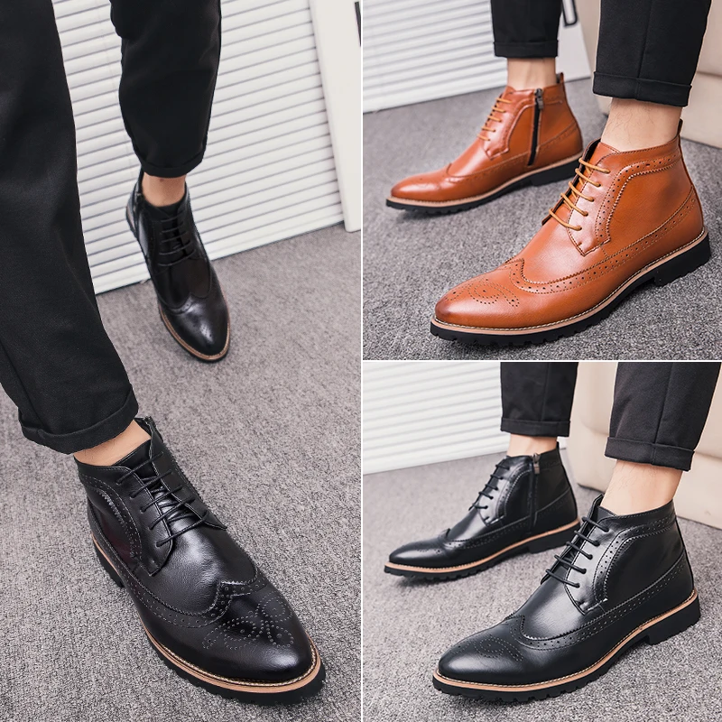 

FIXSYS Men Work Ankle Boots Leather Lace-up Martin Boots Brogue Shoes Fashion Male Motorcycle Boots Autumn Outdoor Riding Boots