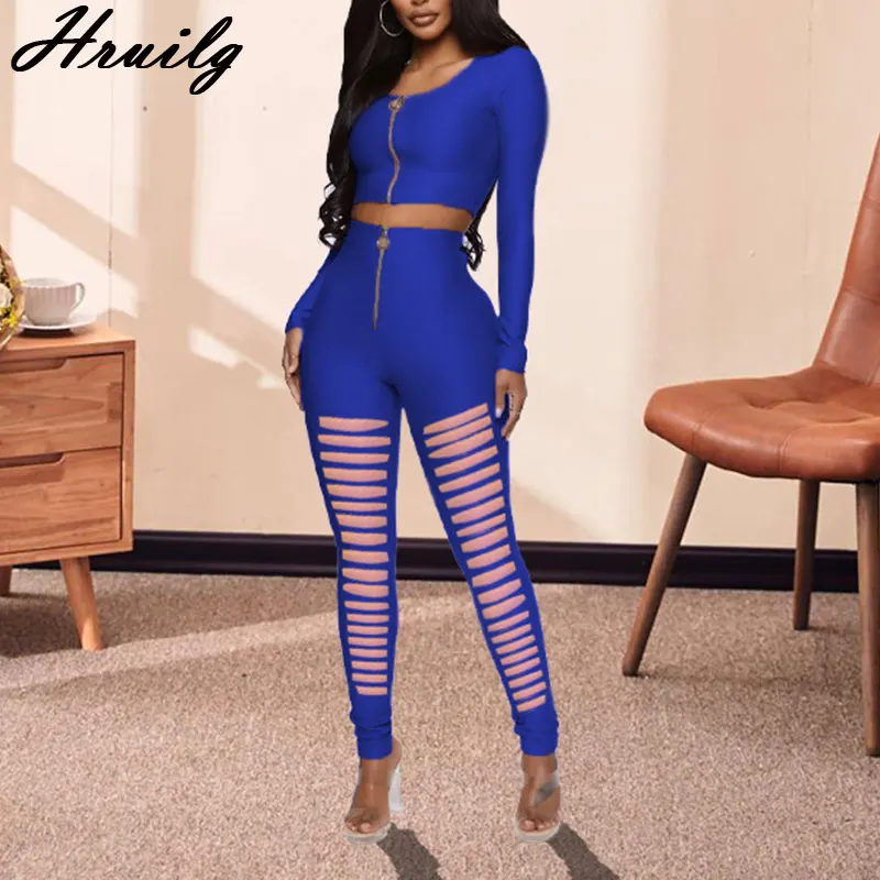

Women Outfit Long Sleeve Tops Zipper Design&hole Long Pants Solid Color Lounge Set Casual Hollow Out 2 Piece Set Autumn Fashion