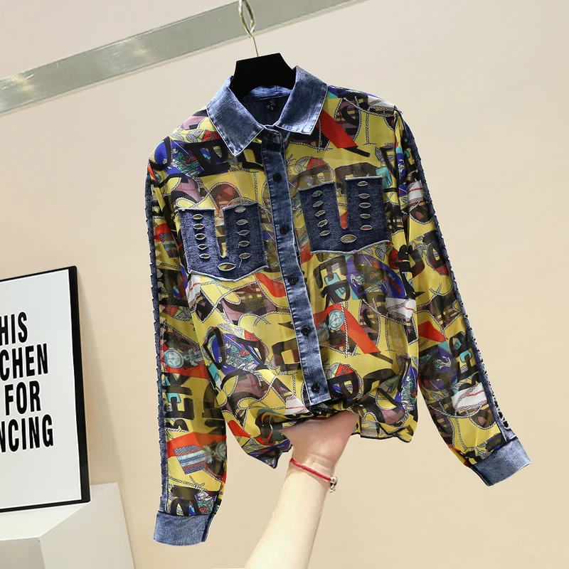 

Spring Autumn Women's Shirt New Hollow Denim Stitching Printed Blouse Korean Style Loose Long-sleeved Chiffon Female Tops GX306