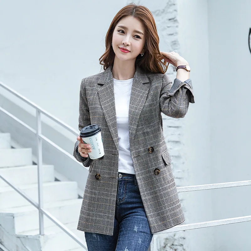 Модный клетчатый маленький костюм куртка с длинным рукавом пальто для женщин