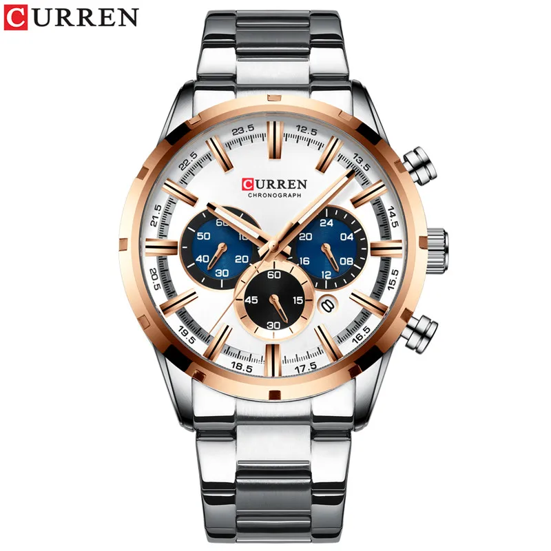 silver white Новая Мода CURREN для мужчин s часы из нержавеющей стали лучший бренд класса люкс Спортивные Хронограф Кварцевые часы для мужчин Relogio Masculino - Цвет: silver white
