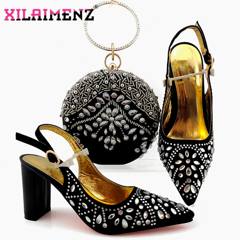 

Elegant African Women Shoes and Bag to Match Concise Shinning Quality Nigerian Lady Shoes and Bag Set with Crystal For Wedding