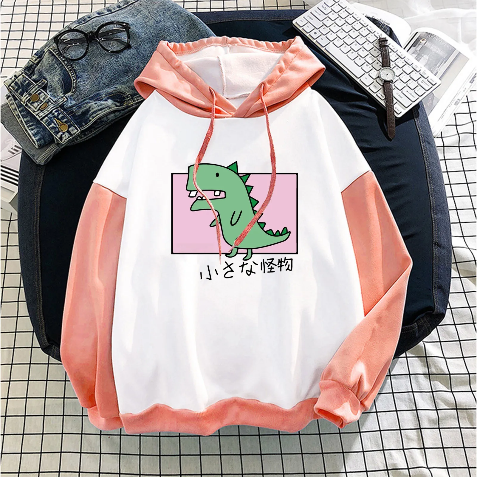 2021 NEW Hoodies Women's Fashion New Stitching Cute Dinosaur Print Long-Sleeve Hooded Sweatshirt Top sweatshirt женское платье