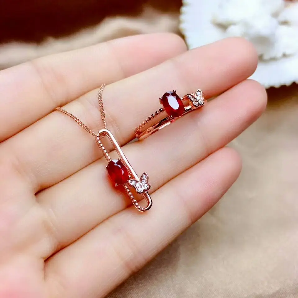 Rose gold set MeiBaPJ стиль натуральный рубин хорошие Свадебные украшения наборы 925 серебро Мода бабочка кольцо подвеска ожерелье комплект из двух предметов - Цвет камня: Rose gold set