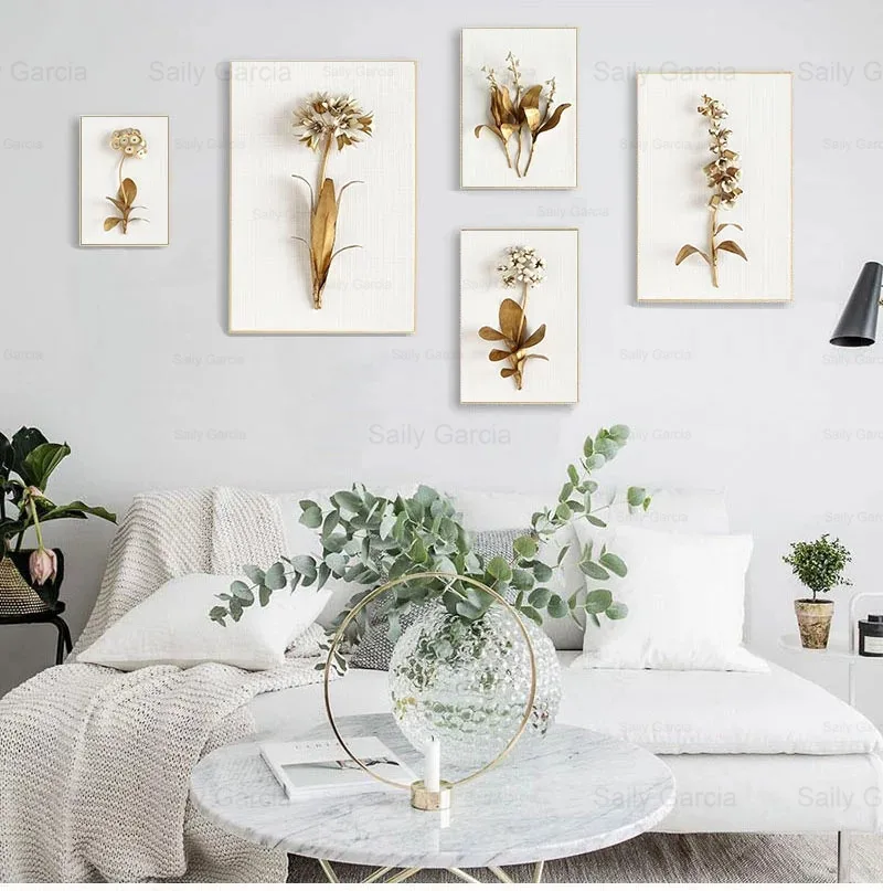 

Vintage Elegant Bouquet Poster Wallpaper Golden Flower Canvas Painting Craft Print Picture for Home Living Room Decoration