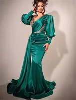 hunter green prom dress formal luxury crystals long sleeves mermaid party evening dresses custom made robe de soir%c3%a9e femme