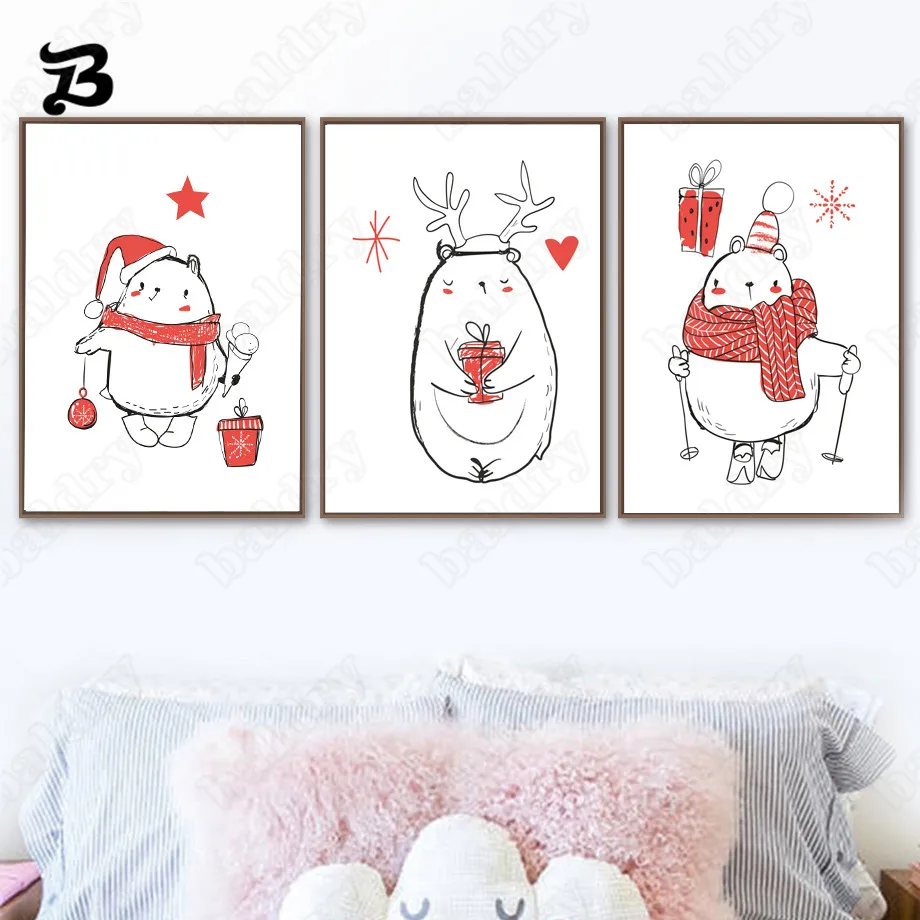 

Canvas Painting Cartoon Cute Bear Penguin Line Art Nordic Snowman Posters and Prints Wall Art Pictures for Kids Baby Room Decor