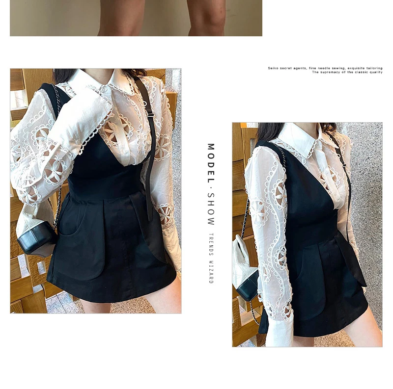 

Vintage Design Lapel Heavy Work Hollow Temperament Hundred Long Sleeve Shirt Female Sweet Pure Color Wild Shirt