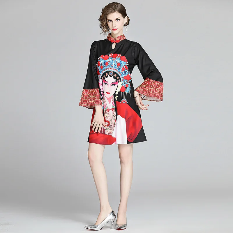 

2020 Summer Women Flare Sleeve Cheongsam Mandarin Collar Loose A-Line Mini Dress Chinese Ethnic Girls Pattern Printed Dress