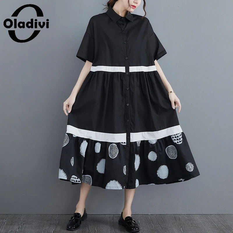 

Oladivi Short Sleeve Summer Women Black Dress Casual Loose Oversized Clothing Vintage Ladies Big Size Dresses Vestidio Robe 6170