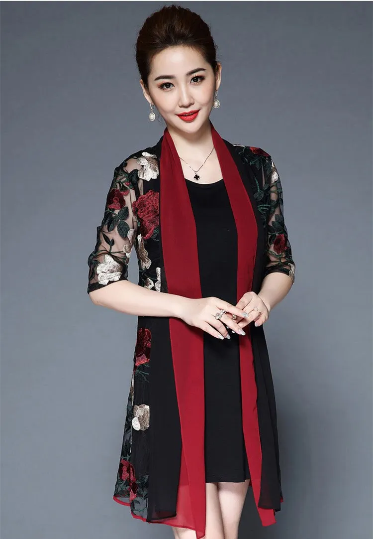 Ретро Винтаж Цветочная вышивка среднего возраста женское платье из двух частей