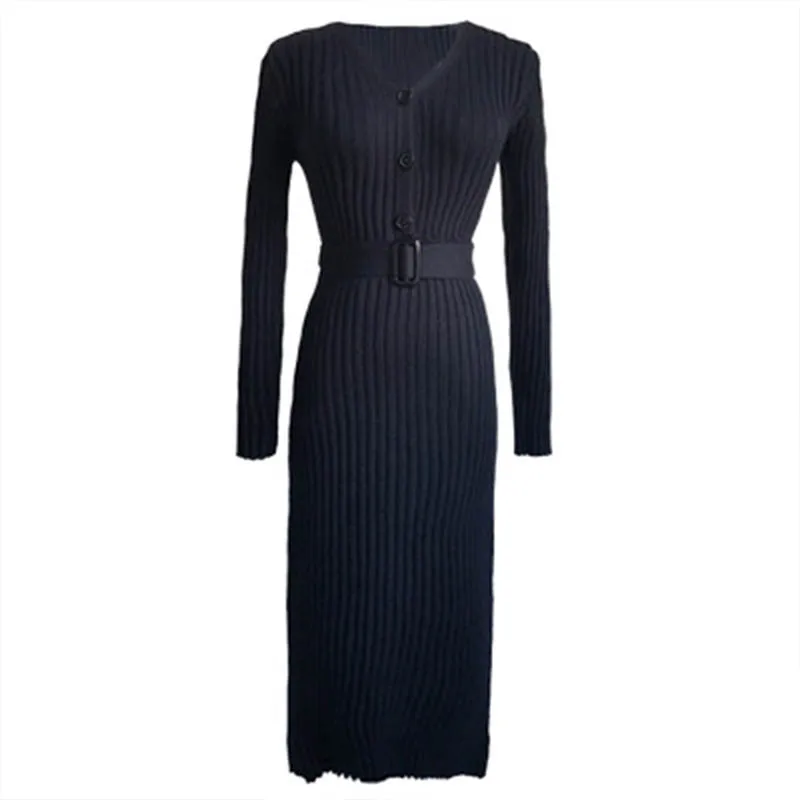 

Autumn Winter Knit Long Women Dress Casual V Neck Slim Womens Sweater Dresses Office Lady Korean Style Button Dress With Belt