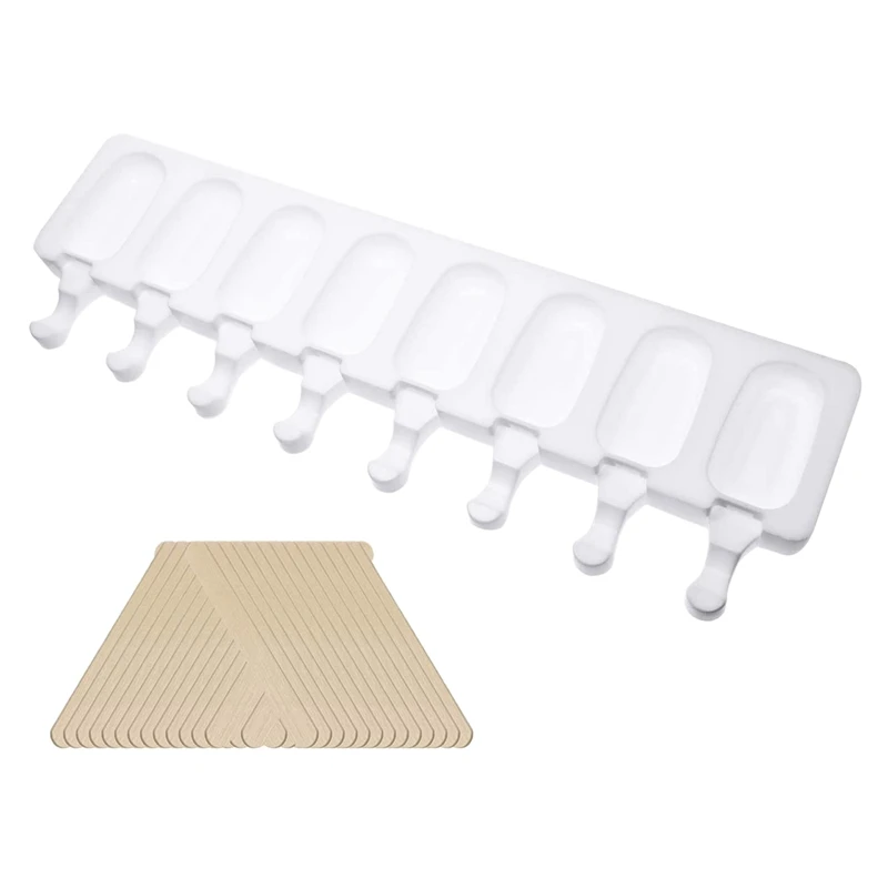 

8- Cavities White Silicone Ice Cream Bar Mold Reusable DIY sicle Makers with 50Pcs Wooden Sticks