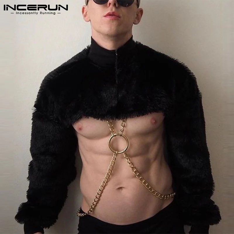 

2021 Fashion Men T Shirt Plush Long Sleeve Zipper Turtleneck Crop Tops Streetwear Solid Color Sexy Casual Men Clothing INCERUN