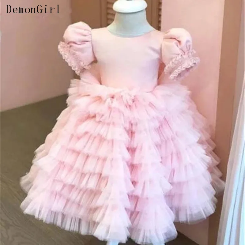 

Cute Pink Tiered Baby Girl Dresses Soft Tulle Princess Birthday Party Gown Toddler Holiday Dancing Celebration Dress for Big Day