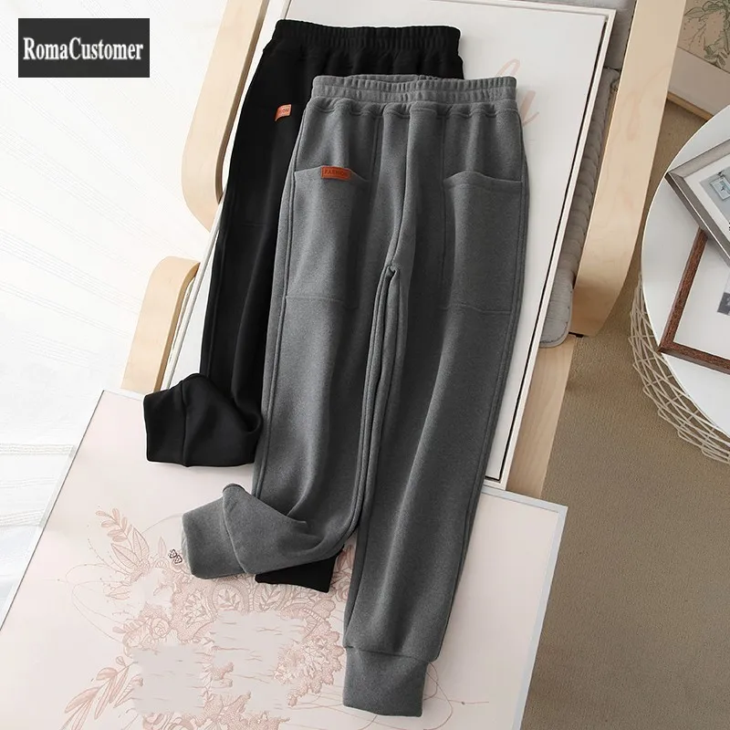 

Winter Plus Velvet Thicken Big Pocket Sports Casual Pants Womens New Concise Elastic Waist High Waist Korean Harem Pants