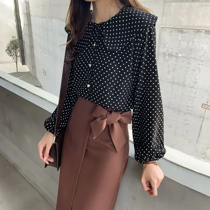 Women Elegant Blouse Long Sleeve Top Cartoon Dot Print Vintage Blouses Doll Collar Single-breasted Loose Clothing #25 | Женская одежда