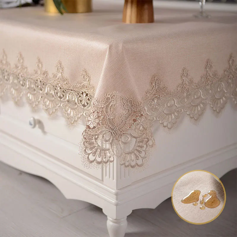 

European Fabric Waterproof Tablecloth Champagne Square Rectangular Lace Dinning Coffee Table Cover Oilproof Party Kitchen Decor